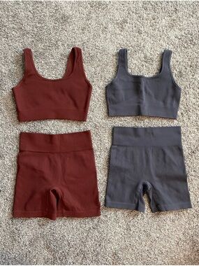 2-Pack Ribbed Seamless Sports Bra & High-Waist Bike Shorts Set - Burgandy & Gray
